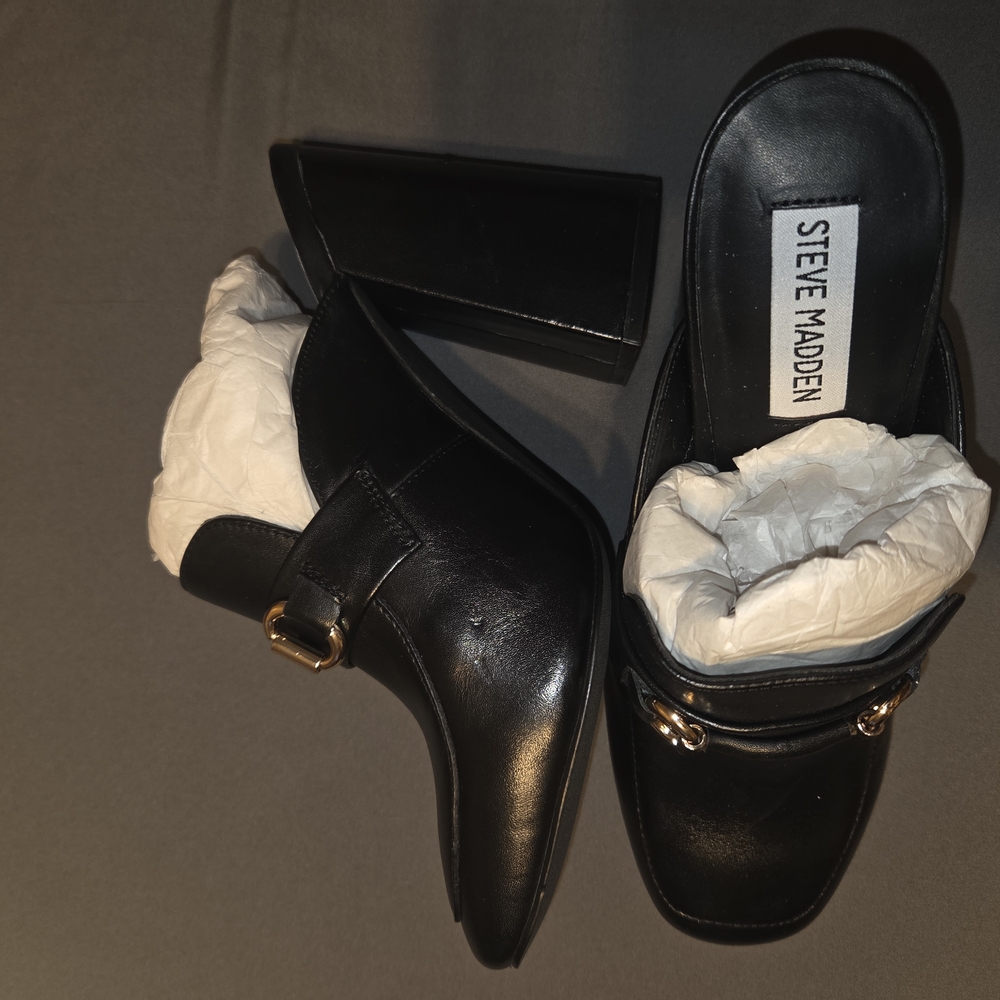 Steve Madden Black Mules with Gold Accents